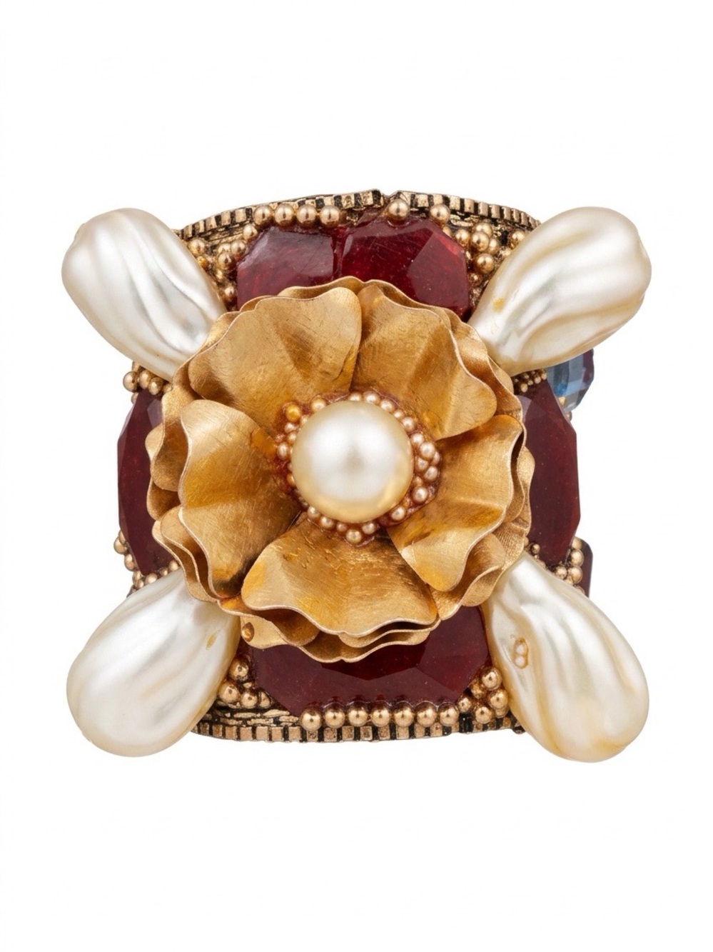Vintage Cuff Bracelet Gold and Red Floral Statement ‘One of A Kind’